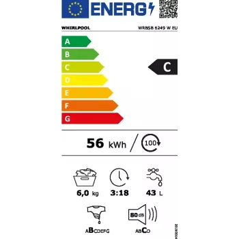 Skalbimo mašina Whirlpool WRBSB 6249 W EU – priekinio pakrovimo, 6 kg, 1151 aps./min., C energijos klasė, balta