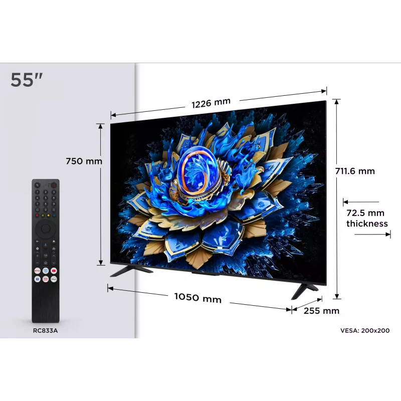 TCL 55T69C 55 colių QLED 4K Ultra HD televizorius, Direct-LED, Google TV, HDR10+, 60Hz, Dolby Atmos, Wi-Fi/Bluetooth