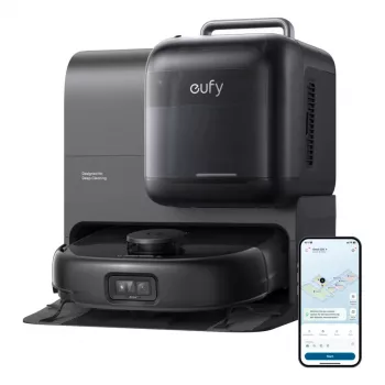 Robotinis dulkių siurblys ir šluostė Eufy Omni E28 — 3 L dulkėms, 2,5 L vandeniui, 5200 mAh baterija, juoda