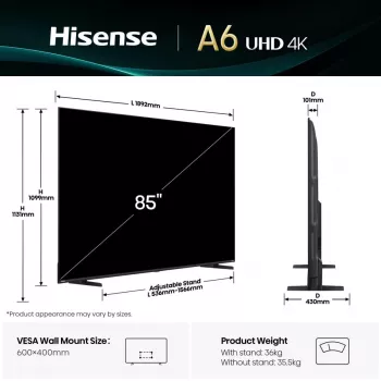 Hisense 85A6Q televizorius, 2,16 m (85 colio), 4K Ultra HD, Smart TV, Wi-Fi, juodas, 400 cd/m²