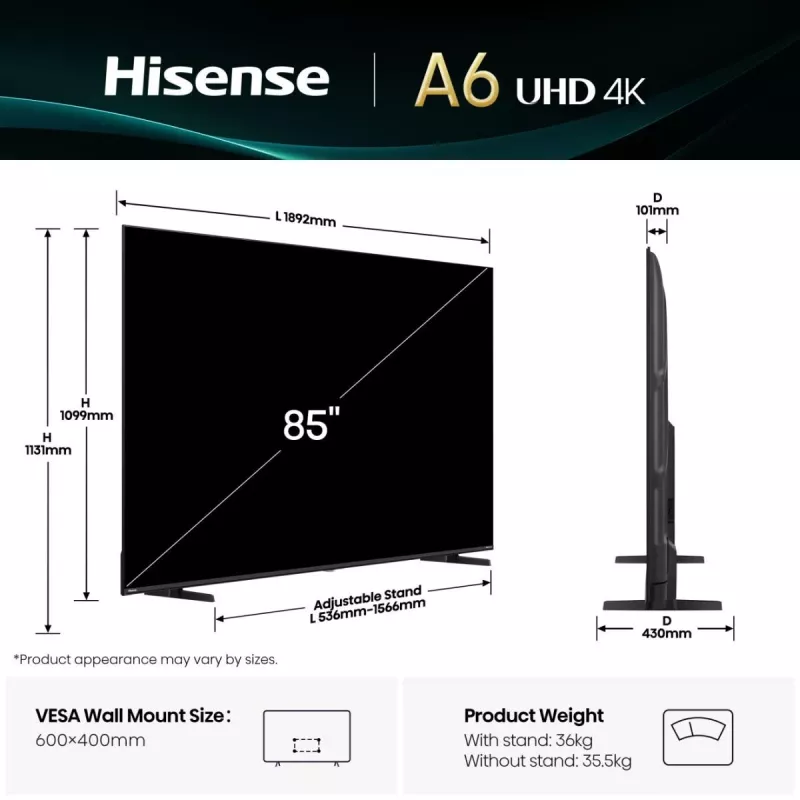 Hisense 85A6Q televizorius, 2,16 m (85 colio), 4K Ultra HD, Smart TV, Wi-Fi, juodas, 400 cd/m²
