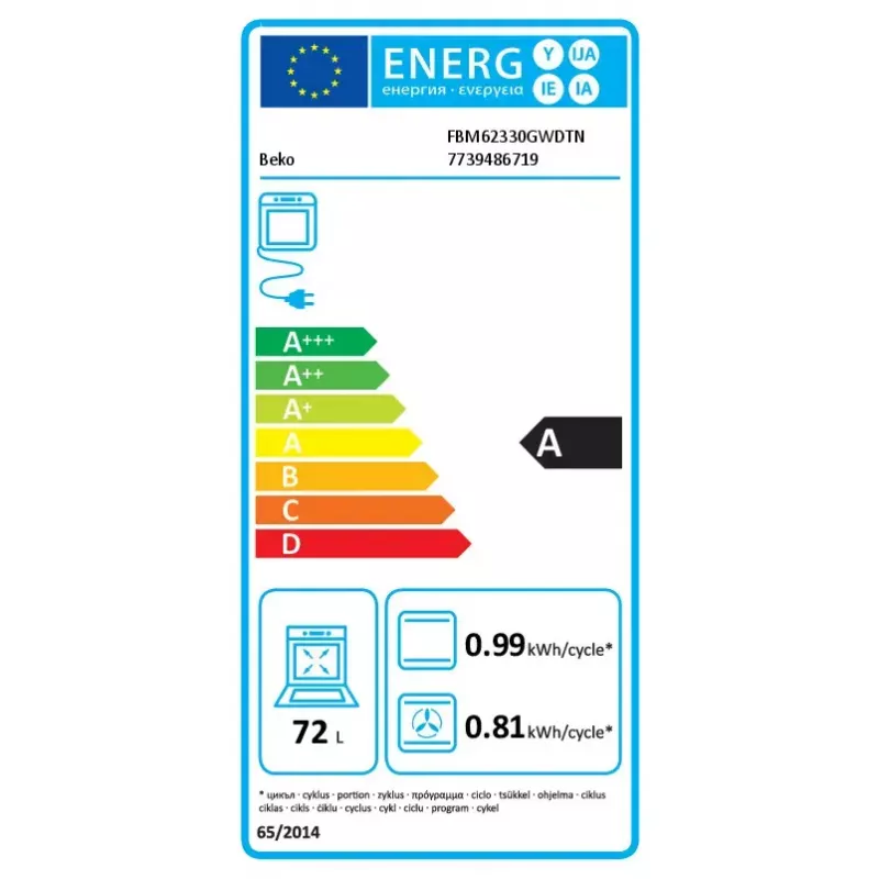 Laisvai pastatoma viryklė Beko FBM62330GWDTN, dujinė kaitlentė, elektrinė orkaitė, 72 L, A energijos klasė