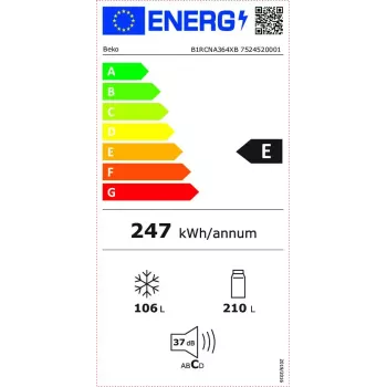 Šaldytuvas BEKO B1RCNA364XB – 316 L, No Frost, 210 L šaldytuvas, 106 L šaldiklis, dešinės pusės vyriai