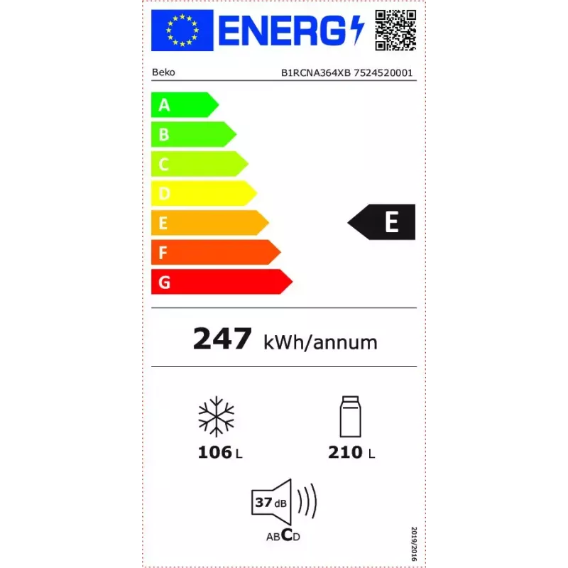Šaldytuvas BEKO B1RCNA364XB – 316 L, No Frost, 210 L šaldytuvas, 106 L šaldiklis, dešinės pusės vyriai