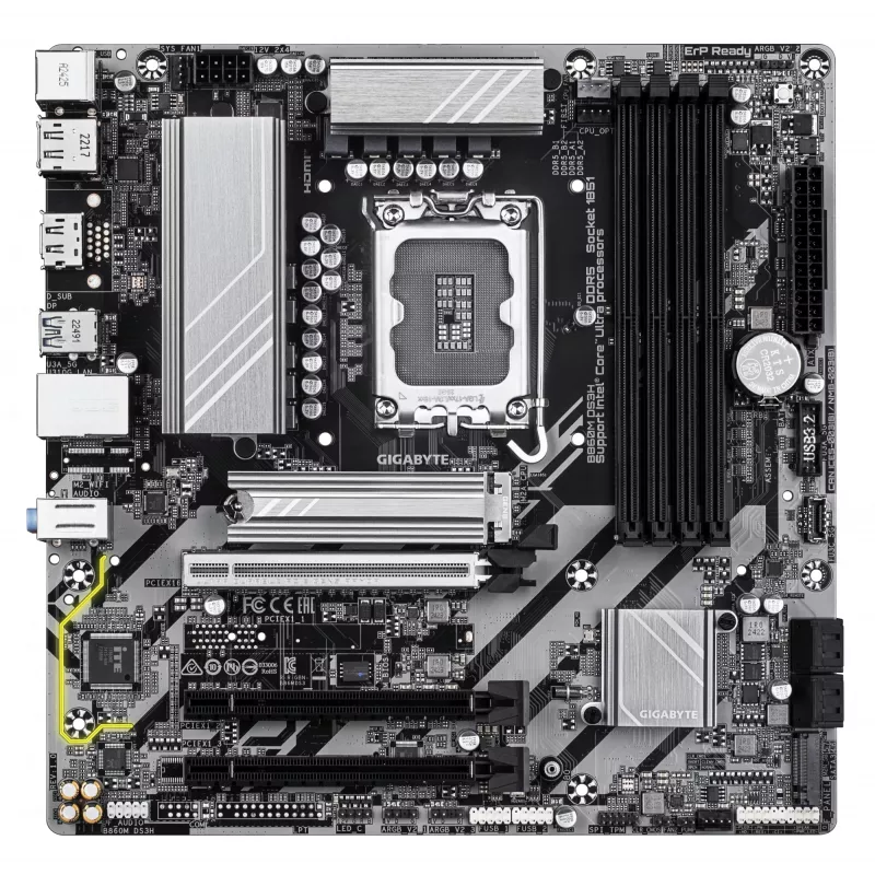 GIGABYTE B860M DS3H pagrindinė plokštė – Intel Core Ultra procesoriams, 5+1+2+1 VRM fazės, DDR5 iki 9066MHz, 1xPCIe 5.0 + 1xPCIe 4.0 M.2, 2.5GbE LAN, USB 3.2 Gen 2