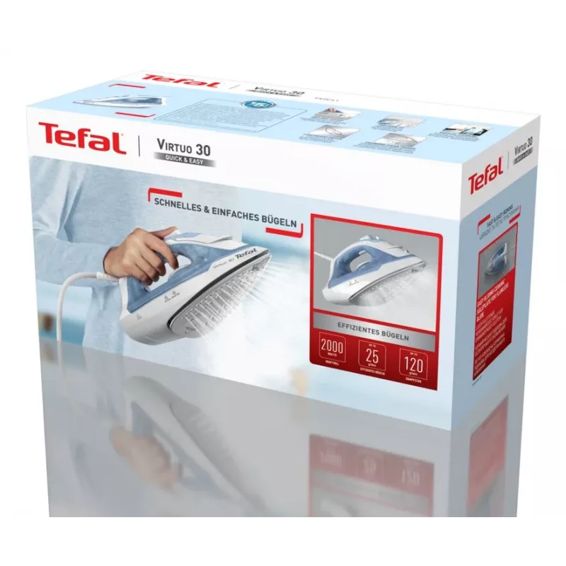 Tefal Virtuo 30 FV2C41E0 sausas ir garinis lygintuvas su keraminiu padu, 2000 W, mėlyna, balta