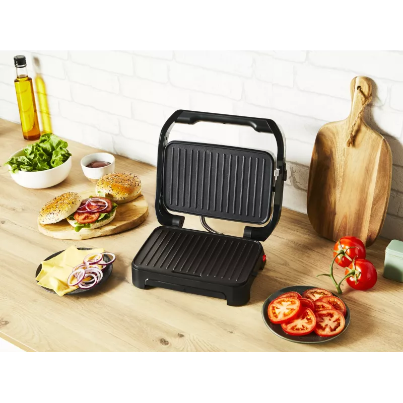 Kontaktinė grilio keptuvė Tefal Inicio Compact GC270D10 – stačiakampė 1000 W, grotelinis viršus, juoda/nerūdijantis plienas