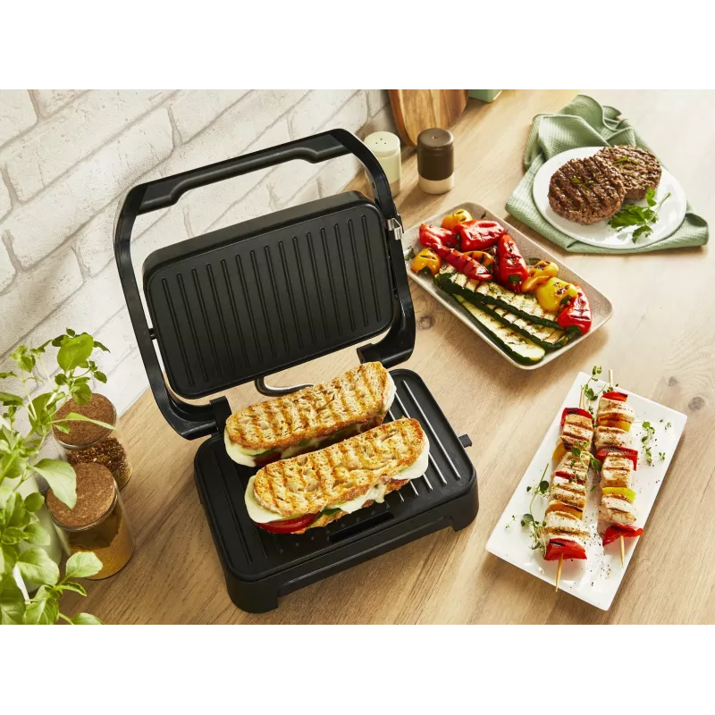 Kontaktinė grilio keptuvė Tefal Inicio Compact GC270D10 – stačiakampė 1000 W, grotelinis viršus, juoda/nerūdijantis plienas