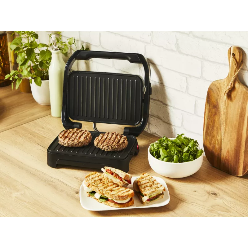 Kontaktinė grilio keptuvė Tefal Inicio Compact GC270D10 – stačiakampė 1000 W, grotelinis viršus, juoda/nerūdijantis plienas