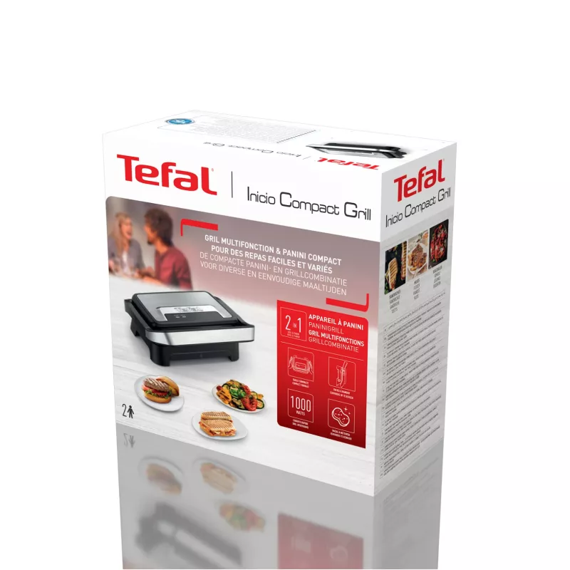 Kontaktinė grilio keptuvė Tefal Inicio Compact GC270D10 – stačiakampė 1000 W, grotelinis viršus, juoda/nerūdijantis plienas