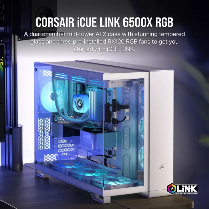 CORSAIR PC korpusas - iCUE LINK 6500X RGB Mid-Tower dviejų kamerų baltas