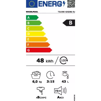 Viršutinio pakrovimo skalbimo mašina WHIRLPOOL TDLRBX 6252BS EU — 6 kg, 1200 aps./min., B energijos klasė, 900×400×600 mm, balta