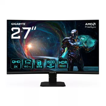 GIGABYTE GS27QCA 27 colių QHD išlenktas žaidimų monitorius - 2560 x 1440, 180Hz, 1ms, 250 cd/m², FreeSync, HDR Ready, HDMI 2.0, Displayport 1.4