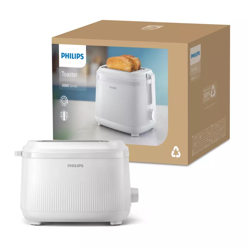 Philips 3000 serijos skrudintuvas, 2 griežinėliai, baltas, metalas, mygtukai, sukamoji rankenėlė, 900 W, 220-240 V