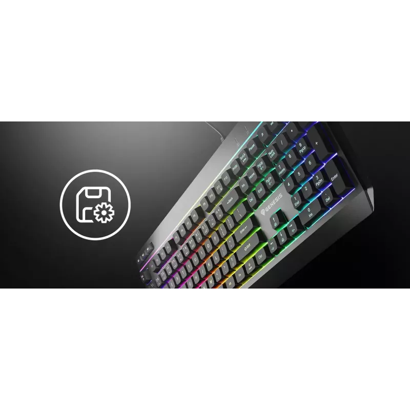Pilno dydžio laidinė žaidimų klaviatūra Genesis Rhod 530, USB, QWERTY US, membraninė, RGB apšvietimas, 114 klavišų, 1,8 m laidas, juoda