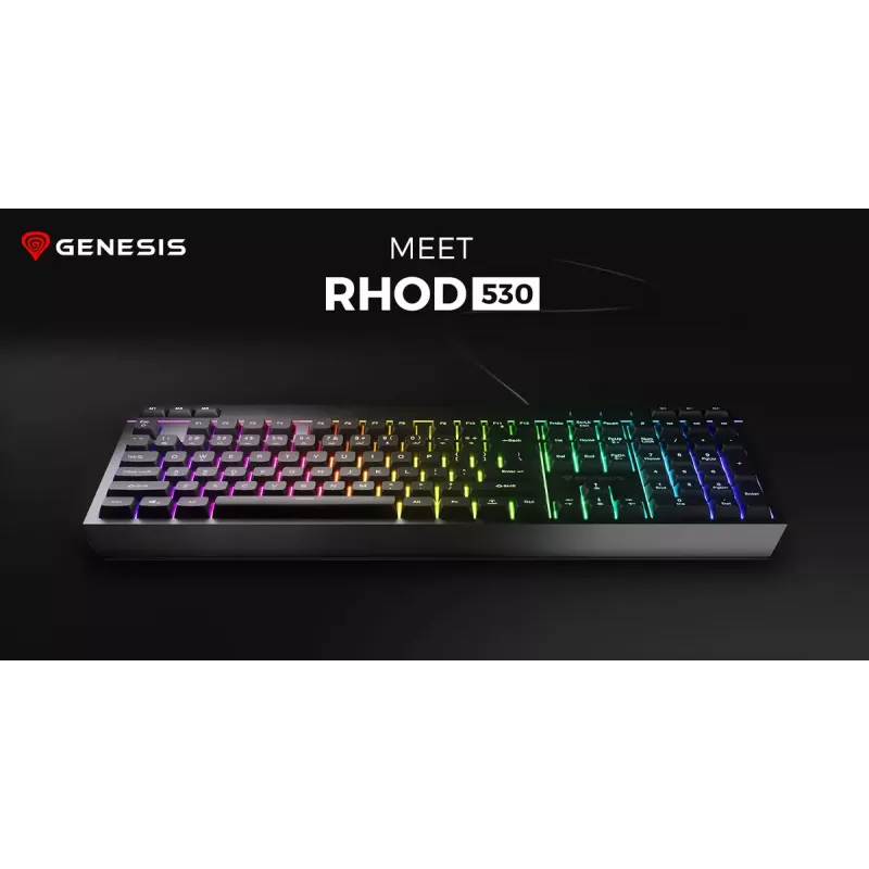 Pilno dydžio laidinė žaidimų klaviatūra Genesis Rhod 530, USB, QWERTY US, membraninė, RGB apšvietimas, 114 klavišų, 1,8 m laidas, juoda