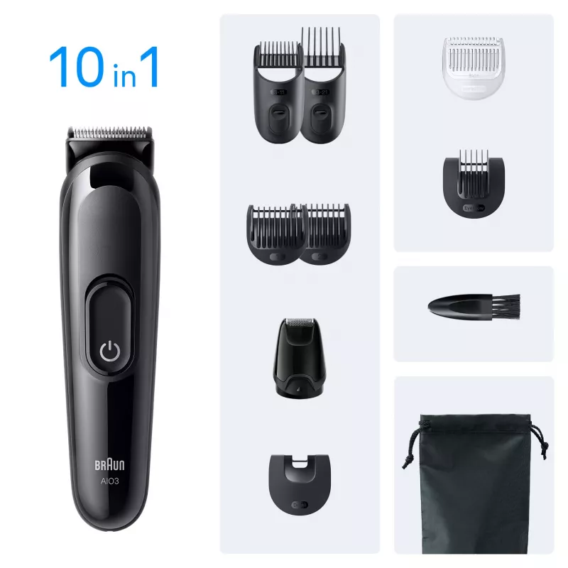 Braun AIO3560 daugiafunkcis kirpimo ir barzdos apipjaustymo rinkinys, juodas, 14 nustatymų, NiMH
