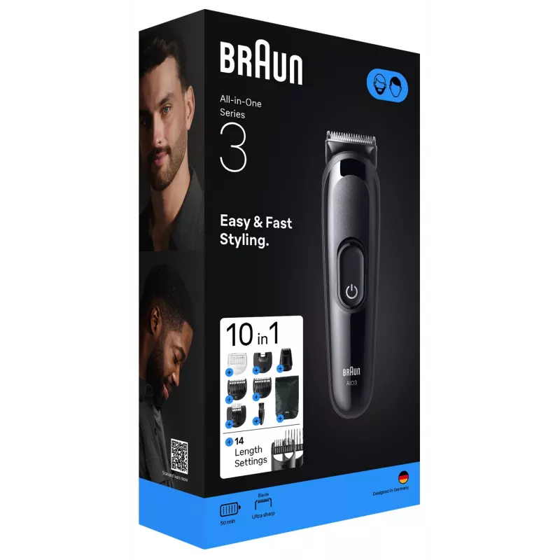 Braun AIO3560 daugiafunkcis kirpimo ir barzdos apipjaustymo rinkinys, juodas, 14 nustatymų, NiMH