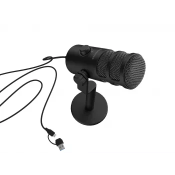 Laidinis PC mikrofonas GENESIS Radium 350D — USB Type-A/Type-C, -48 dB jautrumas, 16–14000 Hz, 2,5 m kabelis, juodas