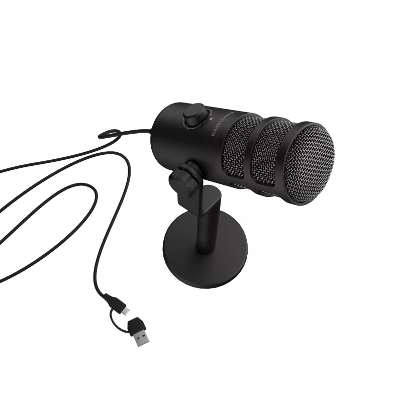 Laidinis PC mikrofonas GENESIS Radium 350D — USB Type-A/Type-C, -48 dB jautrumas, 16–14000 Hz, 2,5 m kabelis, juodas
