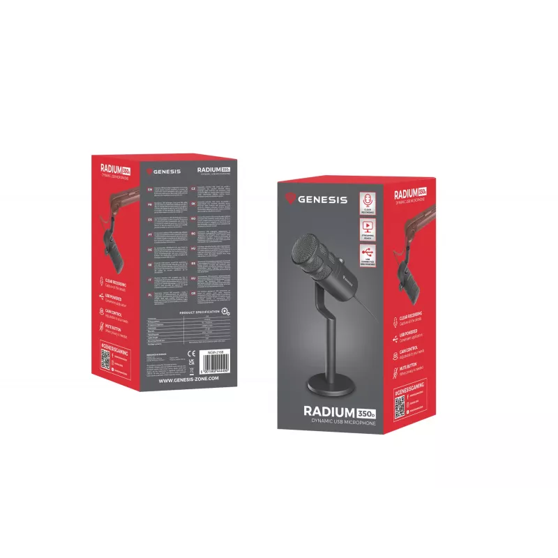 Laidinis PC mikrofonas GENESIS Radium 350D — USB Type-A/Type-C, -48 dB jautrumas, 16–14000 Hz, 2,5 m kabelis, juodas