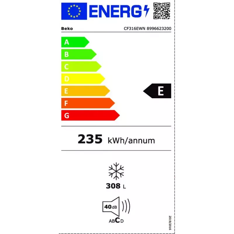Šaldiklis skryninis BEKO CF316EWN, 308 L naudingo tūrio, E energijos klasė, 235 kWh/metus, 40 dB, baltas