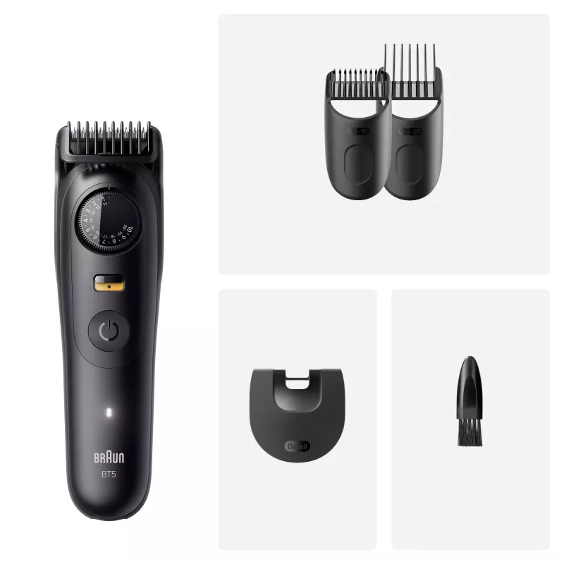 Barzdos kirpimo mašinėlė BRAUN BT5520 — 0,5–20 mm, 40 ilgio pakopų, įkraunama, 120 min baterija, juoda