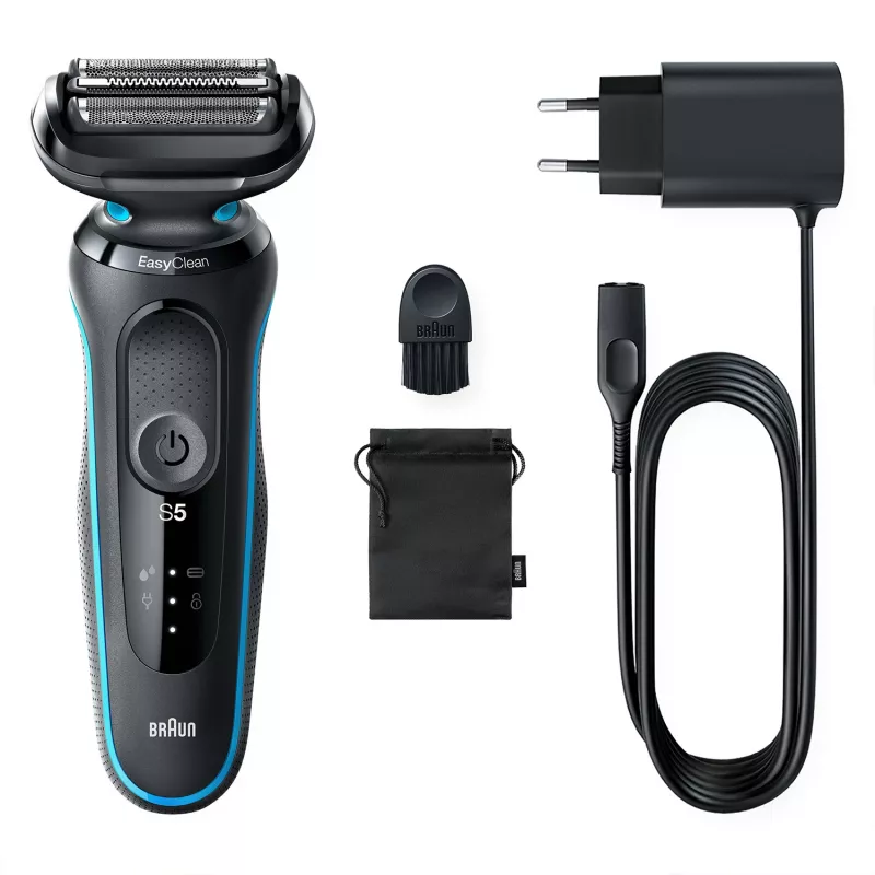 Folijos skustuvas BRAUN Series 5 51-M1000s — 3 galvutės, šlapias/sausas, Li‑Ion įmontuota baterija, greitas įkrovimas, juoda/mėlyna