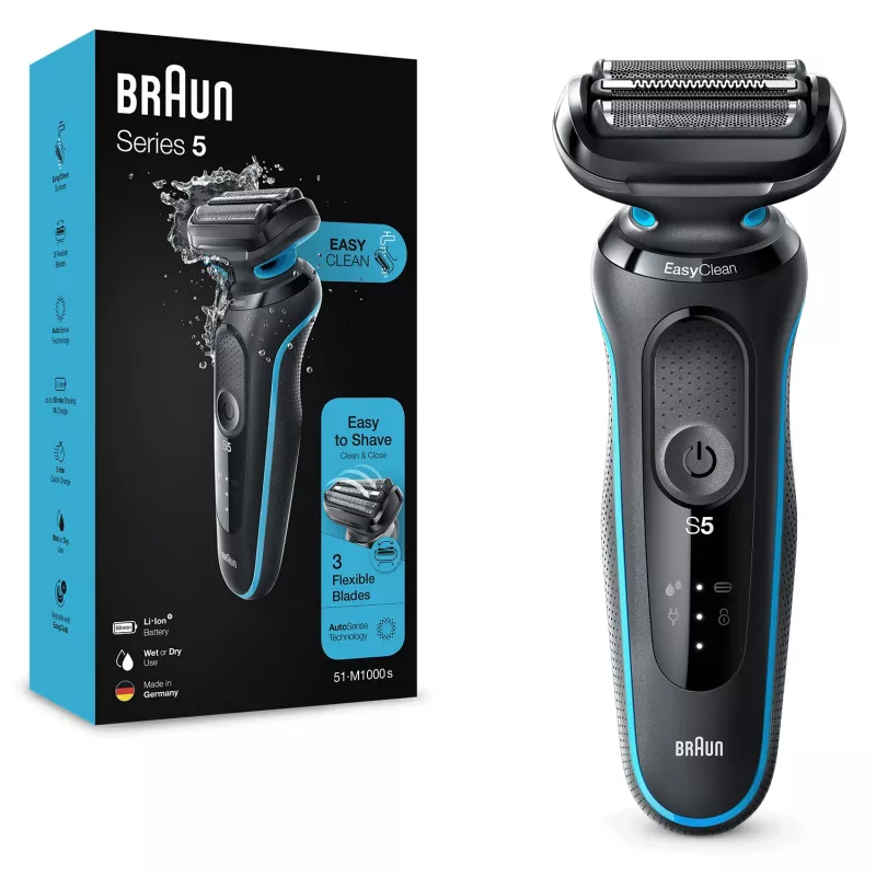 Folijos skustuvas BRAUN Series 5 51-M1000s — 3 galvutės, šlapias/sausas, Li‑Ion įmontuota baterija, greitas įkrovimas, juoda/mėlyna