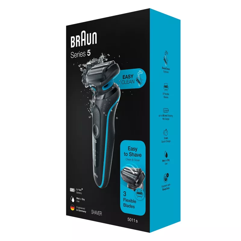 Folijos skustuvas BRAUN Series 5 51-M1000s — 3 galvutės, šlapias/sausas, Li‑Ion įmontuota baterija, greitas įkrovimas, juoda/mėlyna