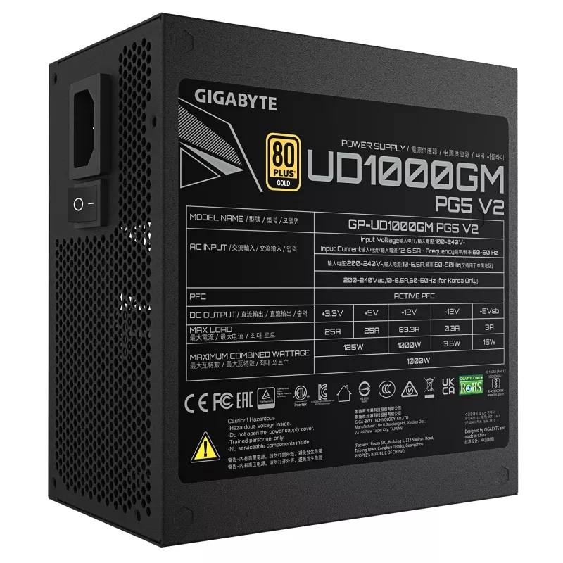 GIGABYTE UD1000GM PG5 V2 maitinimo blokas – PCIe Gen 5.1, 80 PLUS Gold, pilnai modulinis, 120 mm ventiliatorius, ATX 3.1 suderinamas, EU kištukas
