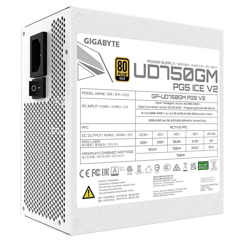 Maitinimo blokas GIGABYTE UD750GM PG5 V2 750W ATX 3.1, 80 PLUS Gold, visiškai modulinis, 8 SATA, 4x (6+2) PCIe, 2x EPS, baltas