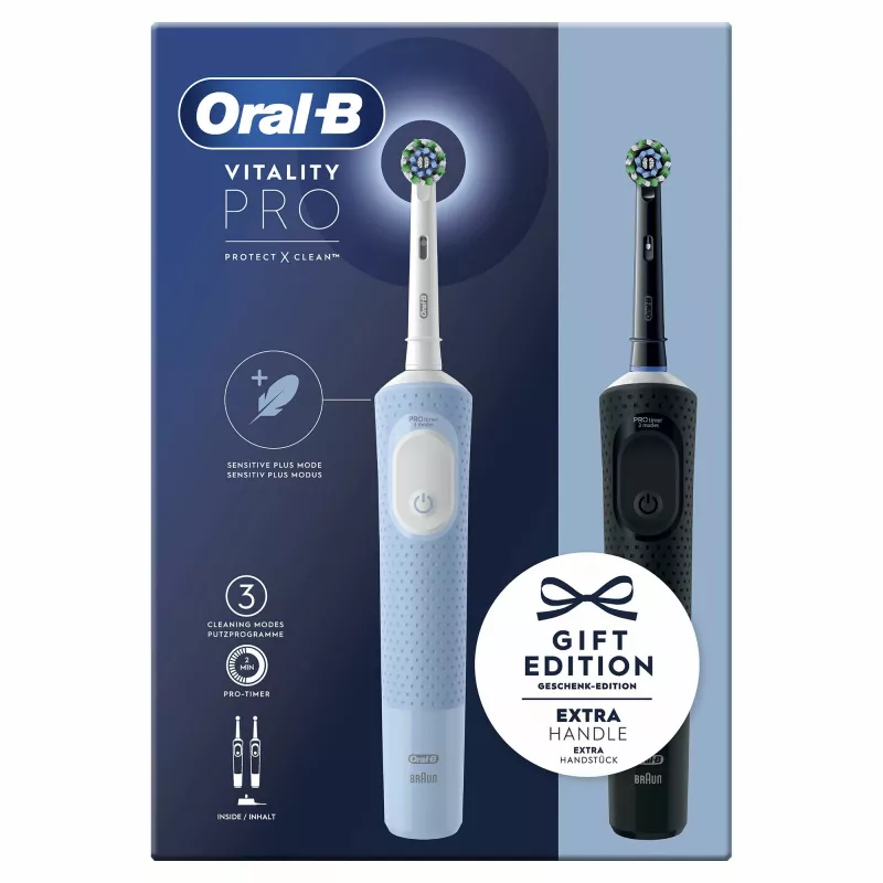 Oral-B Vitality Pro Duo suaugusiųjų sukamoji-osciliuojanti dantų šepetėlis, juoda, mėlyna, balta