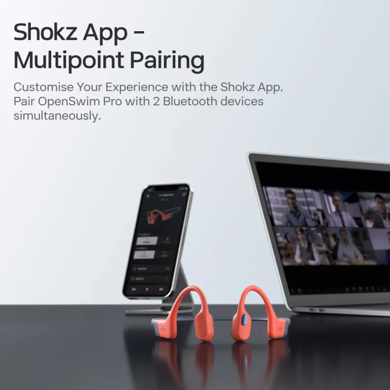 Ausinės Shokz OpenSwim Pro – atviros kaulinio laidumo belaidės ausinės, IP68 atsparios vandeniui, Bluetooth 5.4, 32 GB, 9 h grojimo, pilkos