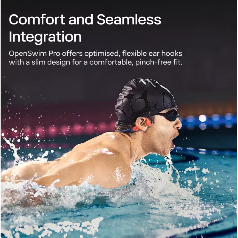 Ausinės Shokz OpenSwim Pro – atviros kaulinio laidumo belaidės ausinės, IP68 atsparios vandeniui, Bluetooth 5.4, 32 GB, 9 h grojimo, pilkos