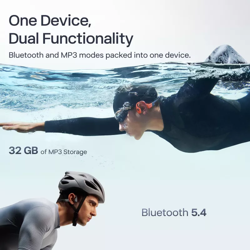 Ausinės Shokz OpenSwim Pro – atviros kaulinio laidumo belaidės ausinės, IP68 atsparios vandeniui, Bluetooth 5.4, 32 GB, 9 h grojimo, pilkos