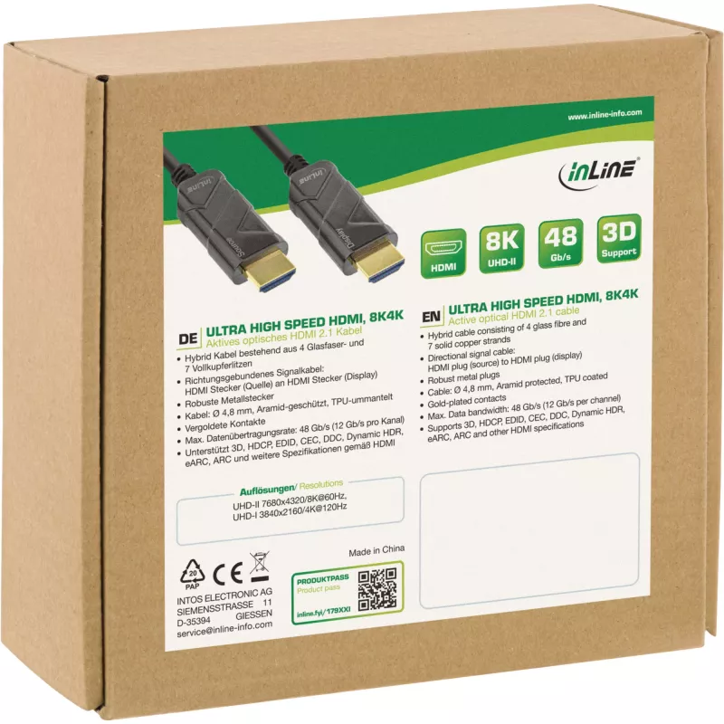 InLine HDMI AOC laidas, itin didelės spartos HDMI laidas, 8K4K, juodas, 20m