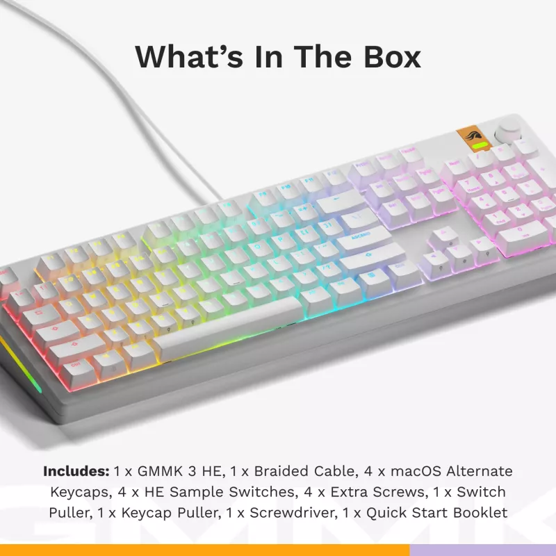 Mechaninė pilno dydžio (100%) laidinė klaviatūra GLORIOUS GMMK 3 HE — balta, USB, QWERTY, RGB
