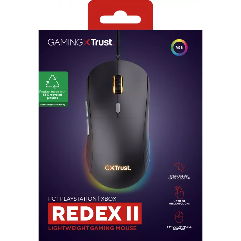 Trust GXT 925 REDEX II pelė žaidimams, dešinei rankai, USB Type-A, lazerinė, 10000 DPI