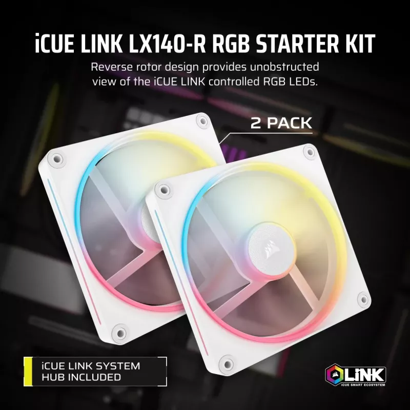 CORSAIR iCUE LINK LX140-R RGB 140 mm PWM Reverse Ventiliatoriaus pradžios rinkinys - Baltas