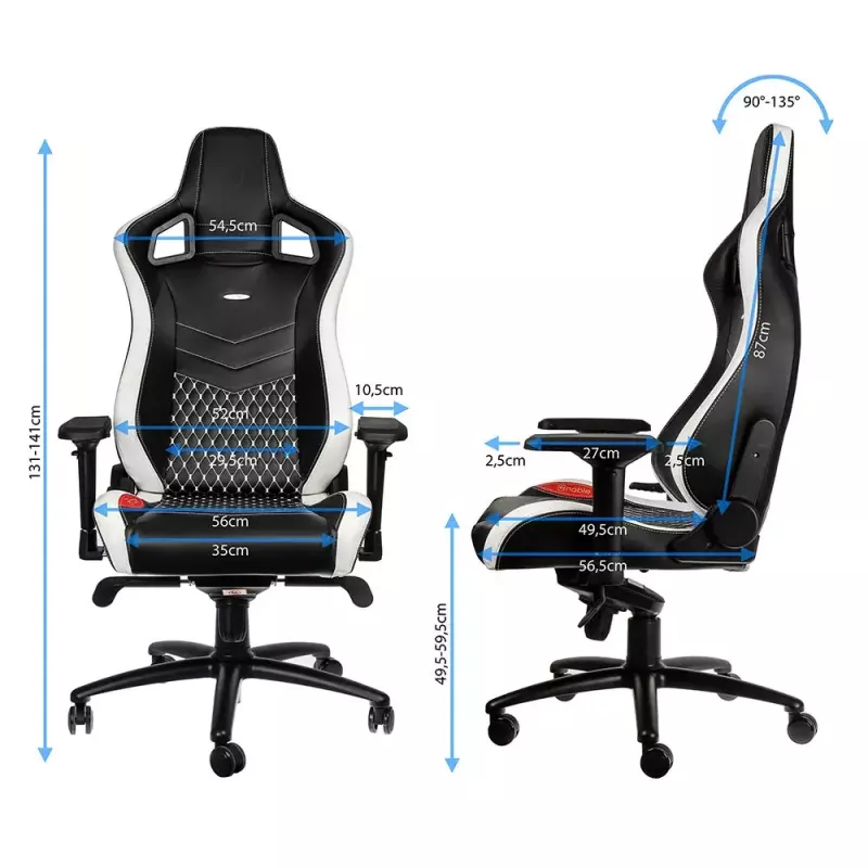 Žaidimų kėdė noblechairs EPIC – odinė sėdynė, max 120 kg, aukštis 131–141 cm, sėdynės plotis 56 cm, ratukai