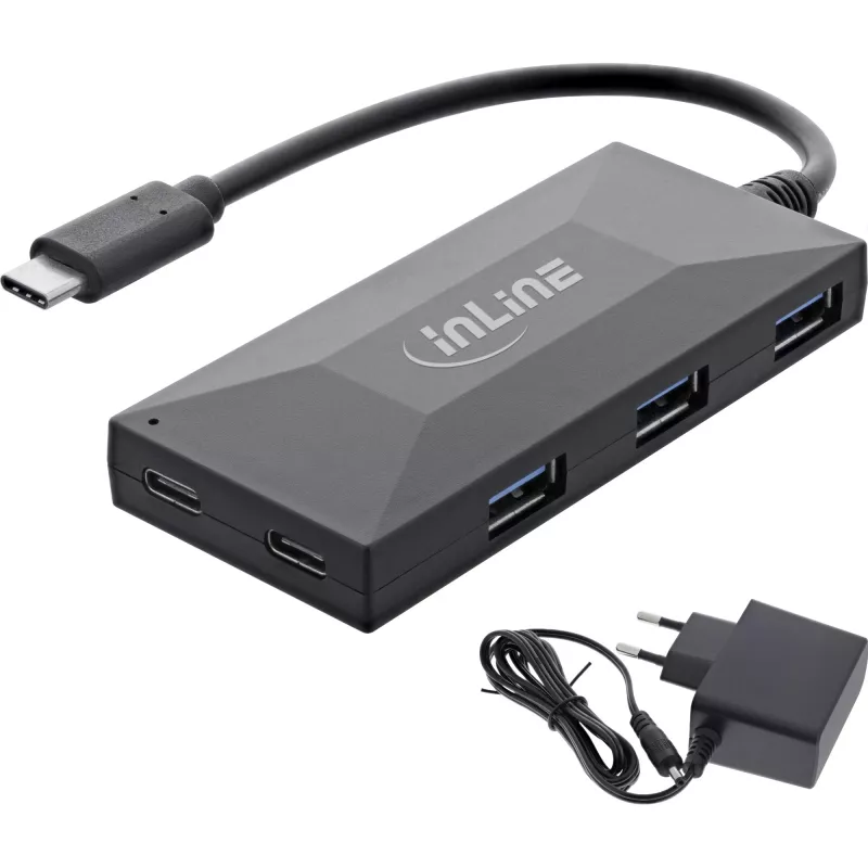 InLine USB 3.2 Gen.1 Hub, USB-C į 2 prievadus USB-C ir 3 prievadus USB-A, su maitinimo adapteriu