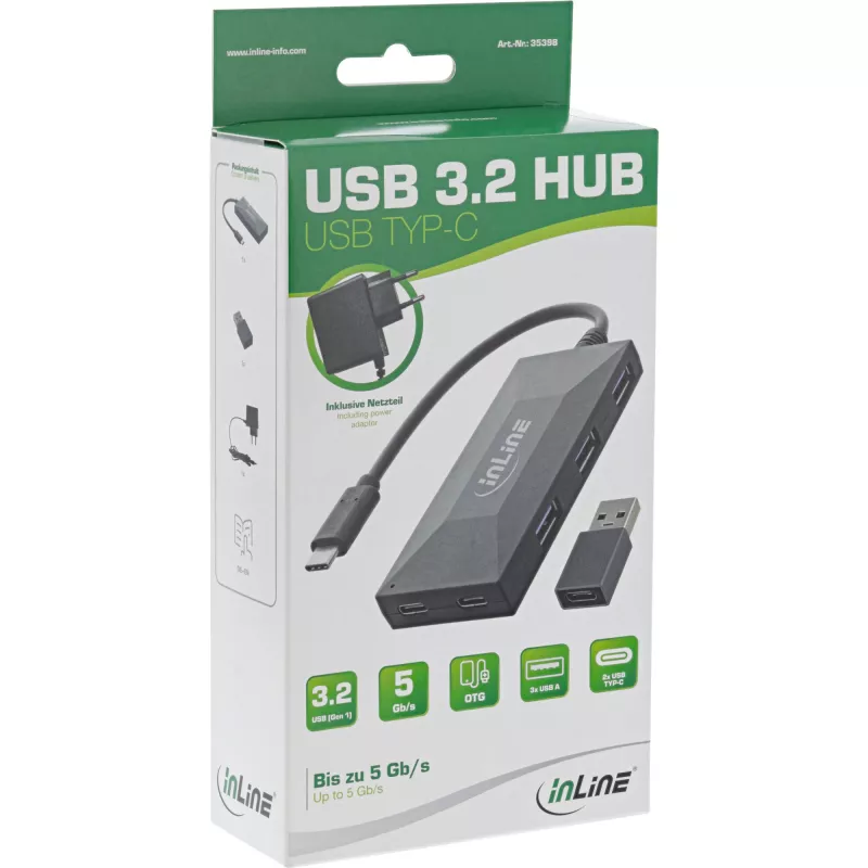 InLine USB 3.2 Gen.1 Hub, USB-C į 2 prievadus USB-C ir 3 prievadus USB-A, su maitinimo adapteriu