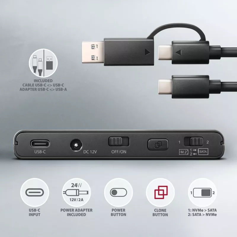 Universalus adapteris Clone Master USB-C Axagon ADSA-CC NVMe M.2 SSD ir SATA HDD