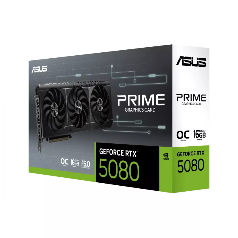 Vaizdo plokštė ASUS GeForce RTX 5080 — 16 GB GDDR7, 256 bitų, PCIe 5.0, 3x DisplayPort, 1x HDMI, 306×126×50 mm