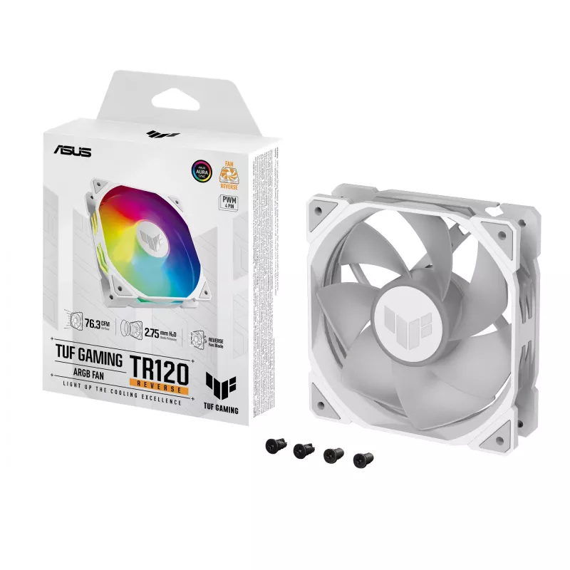 Aušintuvas ASUS TUF GAMING TR120 ARGB REVERSE 120 mm 2000 RPM Baltas, hidraulinis guolis, 76.3 CFM