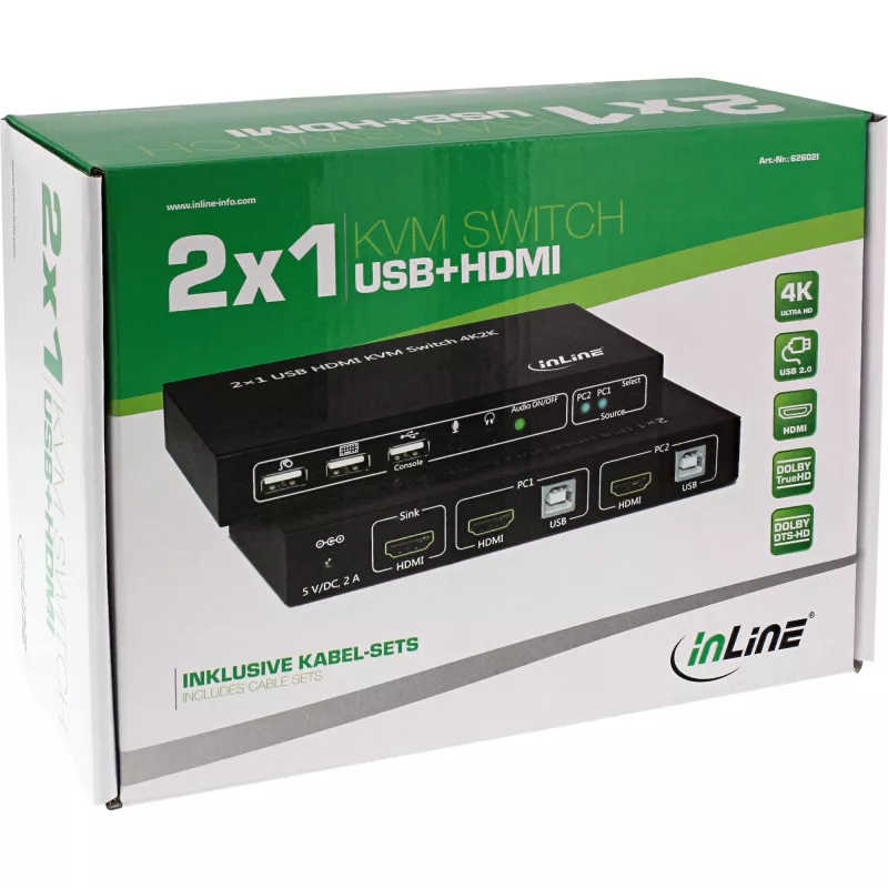 InLine 2x1 HDMI KVM jungiklis, 2x1, HDMI 4K2K, USB 2.0 šakotuvas, su garsu