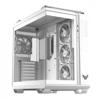 PC dėklas ASUS TUF GAMING GT502 Horizon TG ARGB White — Midi bokštas, ATX, grūdintas stiklas, 4×3,5 colio vietos, maks. GPU 400 mm