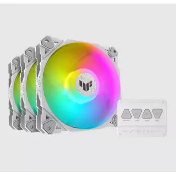 Oro aušintuvas ASUS TUF GAMING TF120 ARGB WHITE EDITION — 3×120 mm ventiliatoriai, 1900 RPM, 29 dB, nuotolinio valdymo pultas