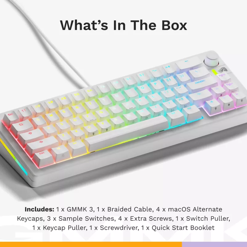 Mechaninė žaidimų klaviatūra GLORIOUS GMMK 3 65% White — laidinė USB, RGB, QWERTY (US)